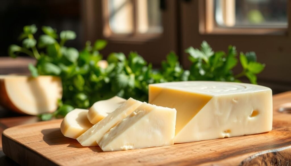 A beautifully arranged block of Monterey Jack cheese, showcasing its creamy white color with slight yellow undertones, placed on a rustic wooden cutting board. The cheese is sliced to reveal its firm texture and smooth surface, glistening under natural light that streams in through a nearby window, creating soft shadows. In the background, a fresh herb assortment including basil and parsley adds a pop of green, hinting at freshness and quality. The atmosphere is inviting and warm, evoking a sense of artisanal craftsmanship. The focus is sharp on the cheese, with a shallow depth of field blurring the background slightly to emphasize the cheese's details, enhancing the overall presentation in a professional manner.
