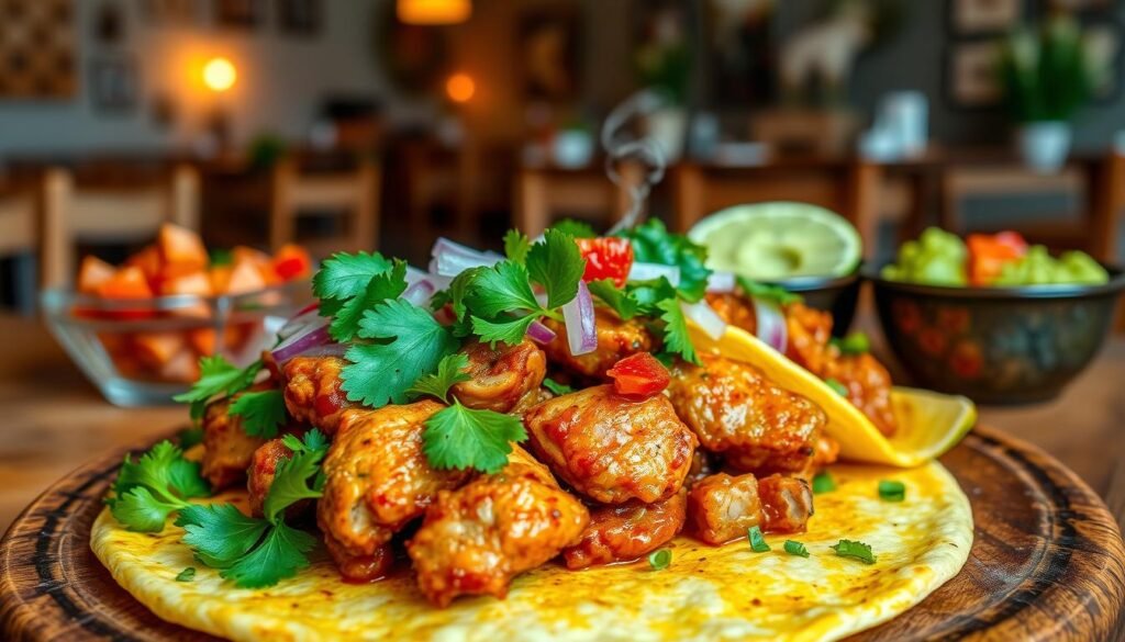 A beautifully arranged plate of chicken pastor, featuring tender, marinated chicken chunks garnished with vibrant cilantro, onions, and a slice of lime. In the foreground, the chicken is artistically layered over warm corn tortillas, with a subtle steam rising to evoke warmth and freshness. The middle layer showcases a rustic wooden table setting, with colorful sides of pico de gallo and guacamole adding to the Scene. In the background, a hint of a Chipotle restaurant's atmosphere is present, with soft, ambient lighting and decorative touches that create a welcoming vibe. The image captures a warm, inviting feeling, perfect for food lovers, with a focus on the textures and colors of the food that celebrates the joy of dining.
