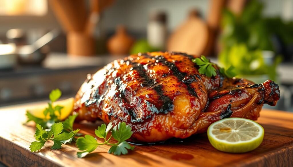 A beautifully grilled adobo chicken resting on a rustic wooden cutting board. The chicken is glazed with a rich, dark marinade that glistens under the warm golden light, showcasing a perfect char and caramelized edges. Surrounding the chicken are fresh herbs like cilantro and slices of lime, adding vibrant pops of color. In the background, a blurred, softly lit kitchen setting gives a home-cooked feel, with utensils and ingredients scattered around casually. The atmosphere is warm and inviting, invoking a sense of delicious comfort food ready to be enjoyed. Use a close-up angle, emphasizing the textures of the chicken and the accompanying garnishes, creating an appetizing and enticing presentation.