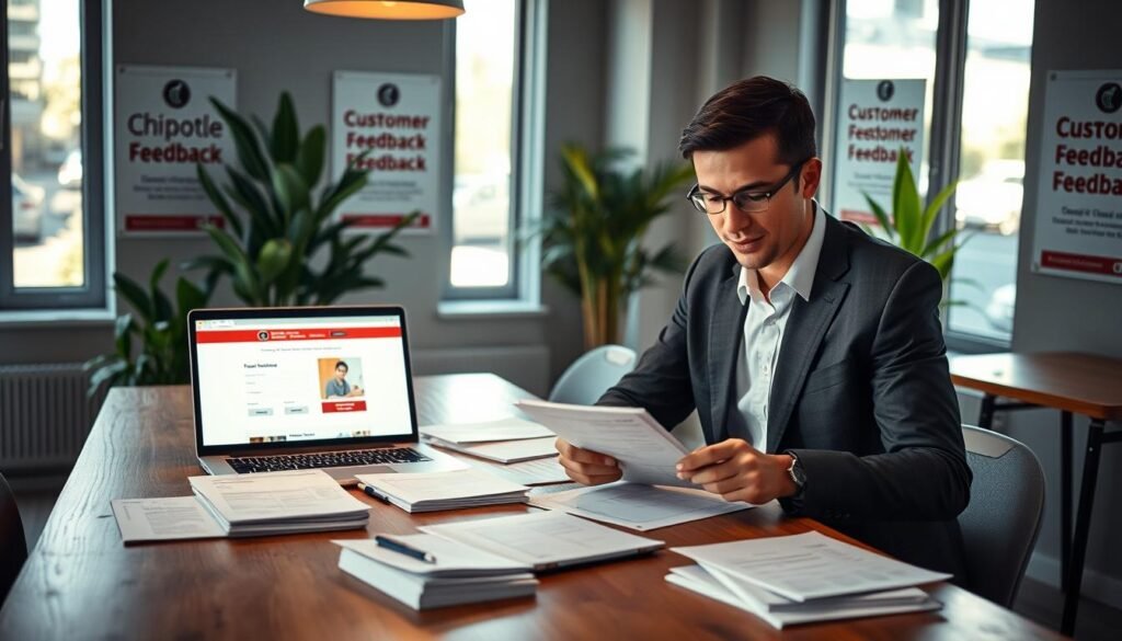 A bright and inviting office space, featuring a large wooden table at the center, with a variety of feedback forms and surveys neatly arranged. In the foreground, a confident business person in professional attire is filling out a survey form, surrounded by a warm ambient light that highlights their focused expression. In the middle ground, an open laptop displays a Chipotle feedback website, partially illuminating the scene. In the background, large windows let in natural light, illuminating green plants and motivational posters about customer feedback. The atmosphere is positive and productive, capturing the essence of providing valuable feedback through official channels. A bright and inviting office space, featuring a large wooden table at the center, with a variety of feedback forms and surveys neatly arranged. In the foreground, a confident business person in professional attire is filling out a survey form, surrounded by a warm ambient light that highlights their focused expression. In the middle ground, an open laptop displays a Chipotle feedback website, partially illuminating the scene. In the background, large windows let in natural light, illuminating green plants and motivational posters about customer feedback. The atmosphere is positive and productive, capturing the essence of providing valuable feedback through official channels.