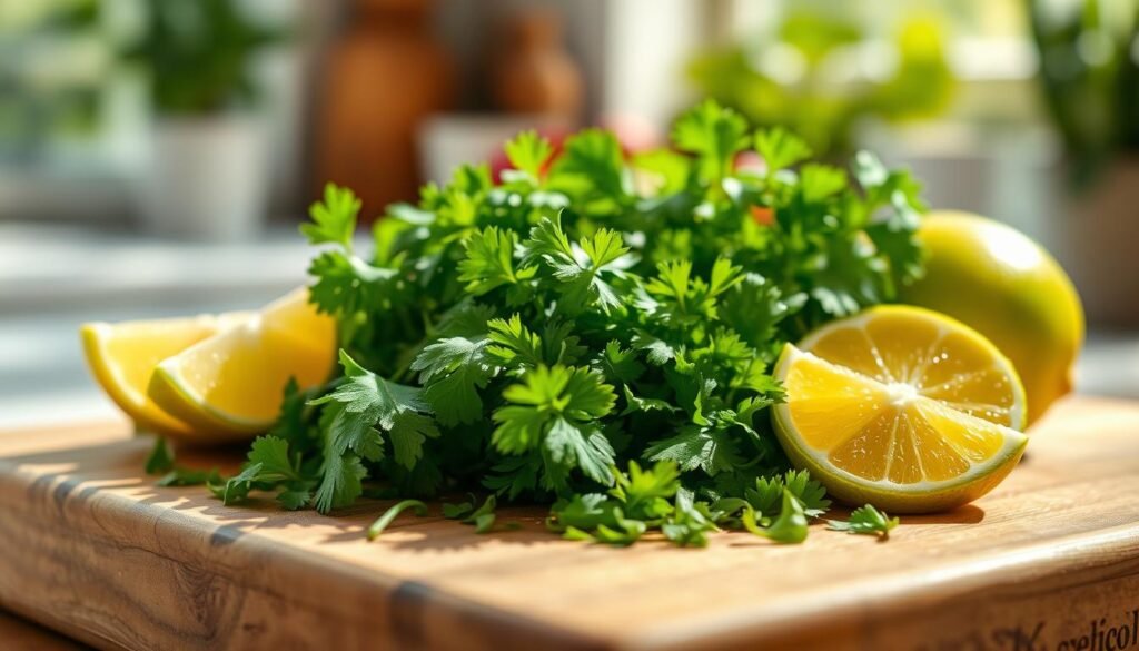 A close-up of freshly chopped cilantro and zesty lime wedges, artfully arranged on a rustic wooden cutting board. The bright green cilantro leaves contrast sharply with the vibrant yellow-green of the limes, glistening with morning dew, all set against a softly blurred background of a sunny kitchen. Natural sunlight filters through a nearby window, casting gentle shadows and highlighting the textures of the herbs and fruit. The image should convey a fresh, invigorating atmosphere, perfect for cooking enthusiasts preparing a flavorful dish. Use a shallow depth of field to focus on the cilantro and lime, ensuring the background remains unobtrusive yet inviting. The scene should evoke the essence of bright flavors, ready for incorporation into rice preparation. A close-up of freshly chopped cilantro and zesty lime wedges, artfully arranged on a rustic wooden cutting board. The bright green cilantro leaves contrast sharply with the vibrant yellow-green of the limes, glistening with morning dew, all set against a softly blurred background of a sunny kitchen. Natural sunlight filters through a nearby window, casting gentle shadows and highlighting the textures of the herbs and fruit. The image should convey a fresh, invigorating atmosphere, perfect for cooking enthusiasts preparing a flavorful dish. Use a shallow depth of field to focus on the cilantro and lime, ensuring the background remains unobtrusive yet inviting. The scene should evoke the essence of bright flavors, ready for incorporation into rice preparation.