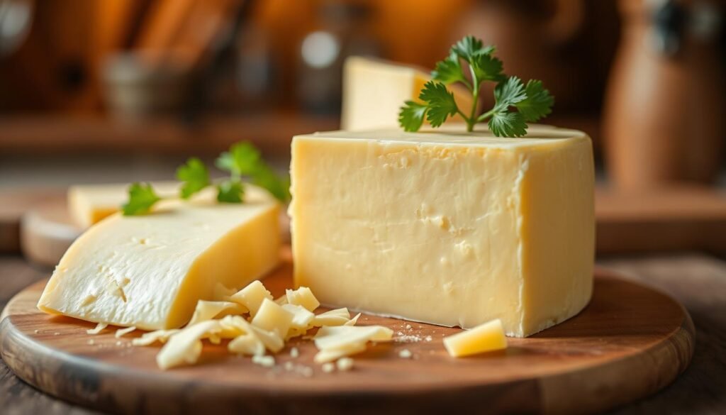 A close-up view of a beautifully arranged block of Monterey Jack cheese, showcasing its smooth, creamy texture and light yellow color. In the foreground, the cheese is slightly sliced to reveal its interior, with a few slices and shavings artistically placed beside it. The middle ground features a wooden cheese board adorned with a sprig of fresh parsley for a touch of color. The background softly blurs out to reveal a rustic kitchen setting with warm, ambient lighting, creating an inviting and appetizing atmosphere. The lens should capture the cheese from a slight angle to enhance its dimensions, while the warm lighting emphasizes the cheese's sheen, inviting the viewer to appreciate its quality and craftsmanship.