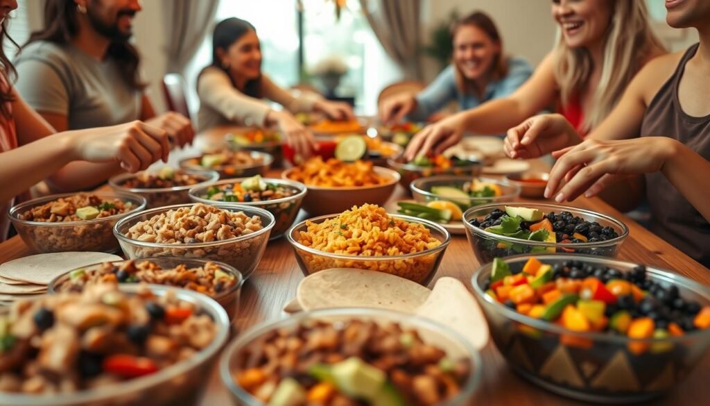 A close-up view of an inviting Chipotle Family Meal spread, showcasing a variety of colorful bowls filled with fresh ingredients like brown rice, black beans, grilled chicken, and vibrant vegetables. In the foreground, a wooden table is adorned with multiple Chipotle bowls alongside tortillas, guacamole, and salsa, with families and friends joyfully interacting. The middle ground includes hands reaching for the food, emphasizing sharing and community. The soft, warm lighting enhances the inviting atmosphere, creating a cozy dining experience. In the background, an elegant dining setting is lightly blurred, revealing a homey environment with just the right amount of natural light filtering through a window. The mood is warm, communal, and wholesome, reflecting the joy of family meals together.