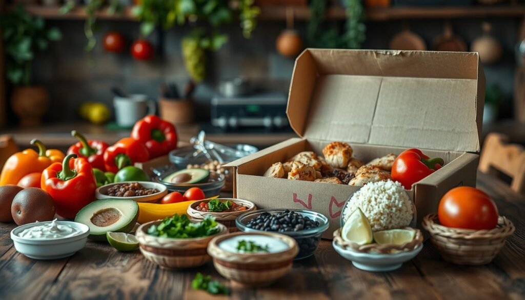 A colorful and inviting customizable meal kit spread on a rustic wooden table. In the foreground, showcase a large, open meal kit box filled with fresh ingredients: vibrant bell peppers, ripe avocados, marinated chicken, black beans, fluffy rice, and small containers of spicy salsa and sour cream. In the middle ground, include a few handwoven bowls displaying garnishes like chopped cilantro and lime wedges. The background features a softly blurred kitchen setting with warm, ambient lighting and hanging herbs. Use a shallow depth of field to focus on the meal kit, creating an inviting and appetizing atmosphere, reminiscent of a family gathering. Capture the scene with a slightly elevated angle using a soft-focus lens to enhance the appeal of the fresh ingredients.