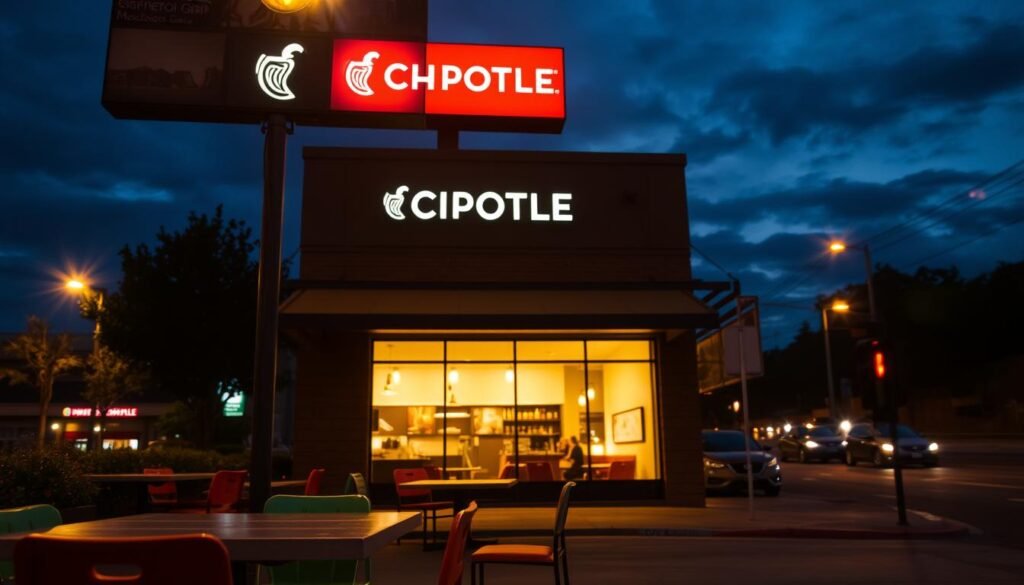 A cozy, late-night scene outside a Chipotle Mexican Grill, showcasing the restaurant's brightly illuminated sign against a darkening twilight sky at 11:00 PM. In the foreground, a few empty tables with colorful outdoor chairs hint at the bustling dining atmosphere of the earlier hours. The middle ground features the Chipotle building, with warm, inviting light spilling from its large windows, highlighting the interior filled with modern decor and a clean, vibrant ambiance. In the background, a calm street is visible, with a few cars passing by, hinting at the nighttime urban environment. The overall mood is welcoming and relaxed, with soft lighting creating a friendly vibe that emphasizes community and comfort during late hours. A slight lens flare adds warmth, enhancing the inviting atmosphere of this late-night dining destination.