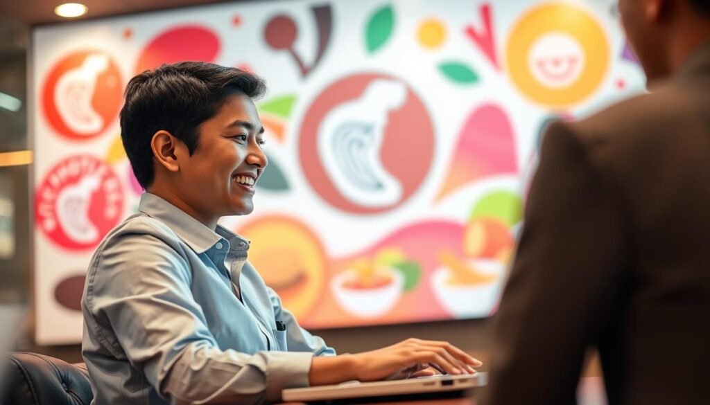 A friendly chat assistant appearing on a digital interface, with a vibrant Chipotle-themed background featuring the iconic logo and colors. In the foreground, a professional-looking customer service representative is assisting a customer through a laptop, wearing smart casual attire. The representative, a young adult of Hispanic descent, is smiling and engaging with the customer, who is off-screen. In the middle ground, a variety of Chipotle menu items like burritos and bowls subtly intertwine with colorful abstract design elements, enhancing the atmosphere of helpfulness and service. The background should be softly blurred to create depth, with warm lighting filtering through, inducing a welcoming and approachable mood. The angle is slightly tilted from above, focusing on the interaction while maintaining clarity on the Chipotle theme. A friendly chat assistant appearing on a digital interface, with a vibrant Chipotle-themed background featuring the iconic logo and colors. In the foreground, a professional-looking customer service representative is assisting a customer through a laptop, wearing smart casual attire. The representative, a young adult of Hispanic descent, is smiling and engaging with the customer, who is off-screen. In the middle ground, a variety of Chipotle menu items like burritos and bowls subtly intertwine with colorful abstract design elements, enhancing the atmosphere of helpfulness and service. The background should be softly blurred to create depth, with warm lighting filtering through, inducing a welcoming and approachable mood. The angle is slightly tilted from above, focusing on the interaction while maintaining clarity on the Chipotle theme.