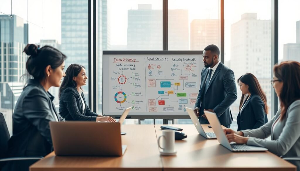 A modern office environment illustrating the concept of accessibility in data security. In the foreground, a diverse group of professionals, dressed in smart business attire—an Asian woman, a Black man, and a Hispanic woman—are engaged in a discussion around a table with laptops and digital devices. In the middle ground, a large whiteboard displays data privacy concepts and security protocols, with colorful diagrams and flowcharts. The background showcases glass walls revealing an urban skyline, filtered sunlight streaming in, creating a bright and inviting atmosphere. The overall mood should convey professionalism, collaboration, and an emphasis on safeguarding customer data, utilizing a wide-angle lens to capture the breadth of the office space with soft focus on the background for depth. A modern office environment illustrating the concept of accessibility in data security. In the foreground, a diverse group of professionals, dressed in smart business attire—an Asian woman, a Black man, and a Hispanic woman—are engaged in a discussion around a table with laptops and digital devices. In the middle ground, a large whiteboard displays data privacy concepts and security protocols, with colorful diagrams and flowcharts. The background showcases glass walls revealing an urban skyline, filtered sunlight streaming in, creating a bright and inviting atmosphere. The overall mood should convey professionalism, collaboration, and an emphasis on safeguarding customer data, utilizing a wide-angle lens to capture the breadth of the office space with soft focus on the background for depth.