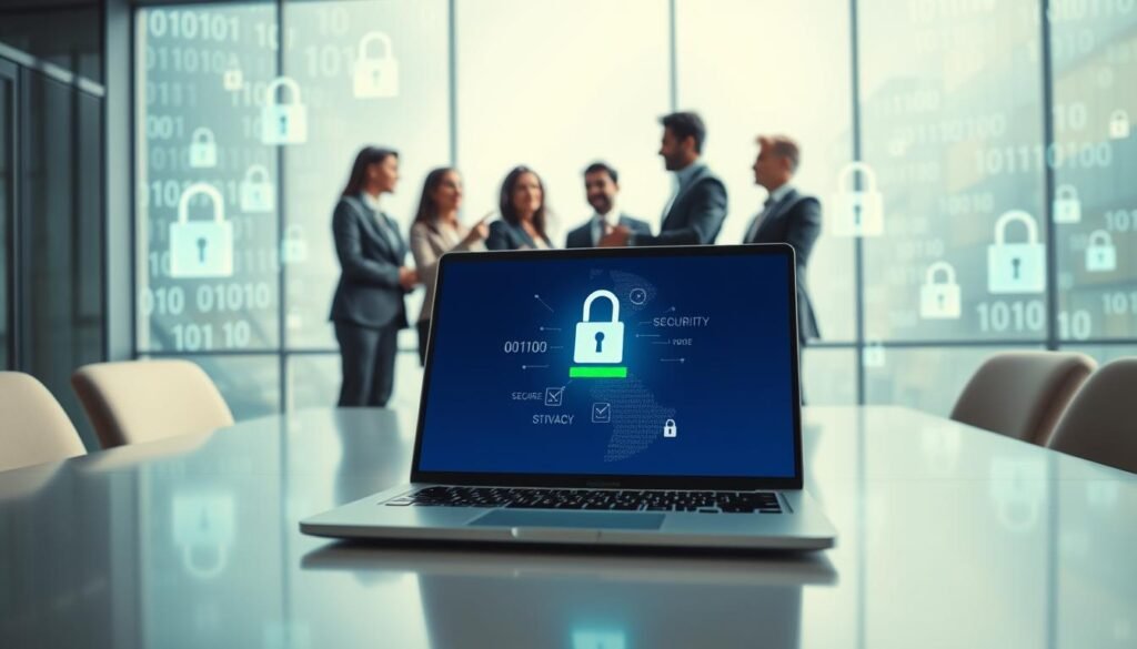 A modern office environment represented as the foreground, featuring a sleek laptop open on a desk displaying a secure login page, symbolizing digital privacy. In the middle ground, a diverse group of professionals, dressed in business attire, are engaged in a discussion about data security, pointing to the laptop screen. The background displays an abstract digital world, with floating holographic locks and binary code, representing data security and encryption. Soft blue and green lighting creates a calm and professional atmosphere, emphasizing trust and safety. Use a medium wide-angle lens to capture the scene, ensuring clarity and detail in both the foreground and background elements. The overall mood should convey a sense of vigilance and assurance in protecting personal information. A modern office environment represented as the foreground, featuring a sleek laptop open on a desk displaying a secure login page, symbolizing digital privacy. In the middle ground, a diverse group of professionals, dressed in business attire, are engaged in a discussion about data security, pointing to the laptop screen. The background displays an abstract digital world, with floating holographic locks and binary code, representing data security and encryption. Soft blue and green lighting creates a calm and professional atmosphere, emphasizing trust and safety. Use a medium wide-angle lens to capture the scene, ensuring clarity and detail in both the foreground and background elements. The overall mood should convey a sense of vigilance and assurance in protecting personal information.