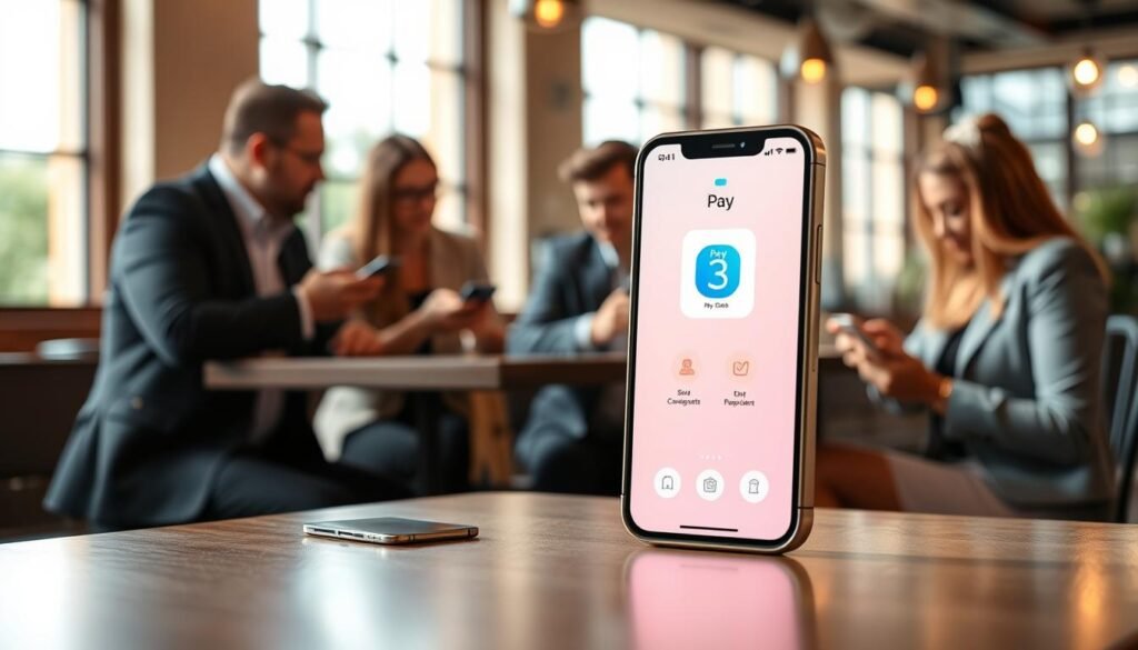 A modern, sleek smartphone displaying the Apple Pay interface in the foreground, set against a softly blurred background of a stylish café with warm lighting. The screen shows a vibrant Apple Wallet with an animated payment icon, surrounded by a few credit cards neatly arranged to suggest mobile payment convenience. In the middle ground, a diverse group of individuals in professional business attire engage at a table, casually discussing over coffee while glancing at their smartphones. The atmosphere is inviting and tech-savvy, with natural sunlight streaming through large windows, creating a sense of innovation and user-friendliness. The overall mood is dynamic yet relaxed, emphasizing the ease of setting up mobile payments with Apple Wallet. A modern, sleek smartphone displaying the Apple Pay interface in the foreground, set against a softly blurred background of a stylish café with warm lighting. The screen shows a vibrant Apple Wallet with an animated payment icon, surrounded by a few credit cards neatly arranged to suggest mobile payment convenience. In the middle ground, a diverse group of individuals in professional business attire engage at a table, casually discussing over coffee while glancing at their smartphones. The atmosphere is inviting and tech-savvy, with natural sunlight streaming through large windows, creating a sense of innovation and user-friendliness. The overall mood is dynamic yet relaxed, emphasizing the ease of setting up mobile payments with Apple Wallet.