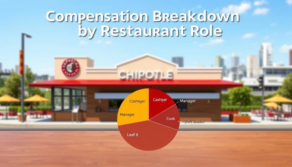 A professional infographic illustration showing a "Compensation Breakdown by Restaurant Role" for Chipotle. In the foreground, feature a detailed pie chart displaying various restaurant roles such as cashier, cook, manager, and shift leader, each represented with different colors and labeled. The middle ground should include an outline of a Chipotle restaurant with stylized, modern architecture, emphasizing a clean and inviting atmosphere. In the background, softly blurred, represent a vibrant outdoor scene with a hint of the cityscape to convey the restaurant's urban location. Use bright, clear lighting to enhance readability and ensure a positive, informative mood. The angle should be slightly elevated, showcasing the infographic aspect prominently. Exclude any text overlays or watermarks for a clean presentation. A professional infographic illustration showing a "Compensation Breakdown by Restaurant Role" for Chipotle. In the foreground, feature a detailed pie chart displaying various restaurant roles such as cashier, cook, manager, and shift leader, each represented with different colors and labeled. The middle ground should include an outline of a Chipotle restaurant with stylized, modern architecture, emphasizing a clean and inviting atmosphere. In the background, softly blurred, represent a vibrant outdoor scene with a hint of the cityscape to convey the restaurant's urban location. Use bright, clear lighting to enhance readability and ensure a positive, informative mood. The angle should be slightly elevated, showcasing the infographic aspect prominently. Exclude any text overlays or watermarks for a clean presentation.