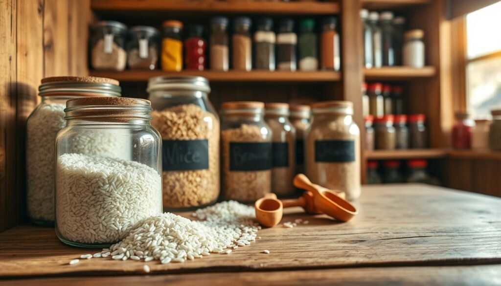 A rustic wooden pantry filled with neatly stored jars of rice and grains, showcasing various types such as white, brown, and jasmine rice. In the foreground, a glass jar overflowing with white rice spills slightly, casting a soft shadow on the wooden surface below. The middle ground features beautifully labeled jars with cork lids, accompanied by small wooden scoops for measuring. In the background, shelves are lined with colorful, naturally lit spice containers, creating a warm and inviting kitchen atmosphere. The scene is bathed in diffused, golden sunlight filtering through a nearby window, adding warmth and depth. The overall mood is cozy and organized, emphasizing meal prep and storage advice. The lens captures a close-up shot from a slightly elevated angle, enhancing the details of the jars and their contents.