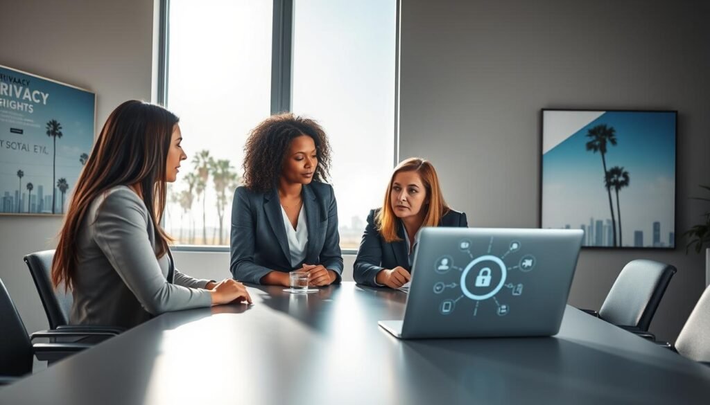 A serene and modern office setting focused on privacy and data rights. In the foreground, a diverse group of three professionals, two women and one man, are engaged in a discussion around a sleek conference table. They are dressed in professional attire, with a laptop open displaying digital privacy icons. In the middle ground, a large window reveals a bright California skyline with palm trees and a clear blue sky, emphasizing a sense of openness and transparency. The background features tasteful artwork related to technology and privacy laws. Soft, natural light streams through the window, casting gentle shadows and creating a focus on the discussion. The overall mood is informative, collaborative, and forward-thinking, illustrating the importance of privacy in today’s digital age.