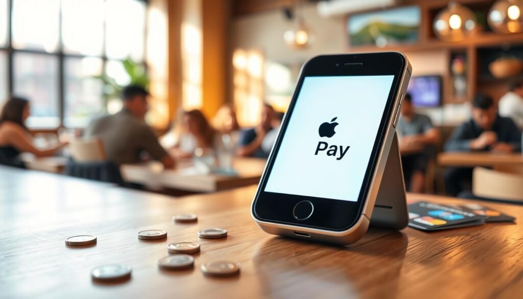 A sleek Apple Pay device prominently displayed on a modern wooden countertop in a bustling restaurant setting. The device features a luminous screen showing the Apple Pay logo, surrounded by scattered coins and a few credit cards for a realistic touch. In the background, blurred images of patrons enjoying their meals and a vibrant, welcoming atmosphere create a dynamic environment. Soft, natural lighting streams in from a nearby window, casting gentle shadows and highlighting the device. The angle is slightly tilted downwards, giving a clear view of the device while capturing the lively ambiance of the restaurant. The overall mood is contemporary and tech-savvy, emphasizing digital wallet compatibility in everyday transactions. A sleek Apple Pay device prominently displayed on a modern wooden countertop in a bustling restaurant setting. The device features a luminous screen showing the Apple Pay logo, surrounded by scattered coins and a few credit cards for a realistic touch. In the background, blurred images of patrons enjoying their meals and a vibrant, welcoming atmosphere create a dynamic environment. Soft, natural lighting streams in from a nearby window, casting gentle shadows and highlighting the device. The angle is slightly tilted downwards, giving a clear view of the device while capturing the lively ambiance of the restaurant. The overall mood is contemporary and tech-savvy, emphasizing digital wallet compatibility in everyday transactions.