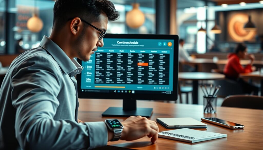 A sleek and modern workspace featuring a high-tech computer or tablet displaying a real-time schedule interface for Chipotle's operational hours. In the foreground, a focused professional in a smart casual outfit is analyzing the schedule on the screen, their expression one of concentration. The middle section showcases an aesthetically organized desk with digital tools like a smartwatch, smartphone with notifications, and a notepad, all contributing to the theme of efficiency. In the background, soft atmospheric lighting enhances the technological ambiance, with blurred elements hinting at a bustling cafe or restaurant setting. The overall mood should be one of productivity, innovation, and accessibility, inviting readers to engage with the concept of real-time scheduling effortlessly. A sleek and modern workspace featuring a high-tech computer or tablet displaying a real-time schedule interface for Chipotle's operational hours. In the foreground, a focused professional in a smart casual outfit is analyzing the schedule on the screen, their expression one of concentration. The middle section showcases an aesthetically organized desk with digital tools like a smartwatch, smartphone with notifications, and a notepad, all contributing to the theme of efficiency. In the background, soft atmospheric lighting enhances the technological ambiance, with blurred elements hinting at a bustling cafe or restaurant setting. The overall mood should be one of productivity, innovation, and accessibility, inviting readers to engage with the concept of real-time scheduling effortlessly.