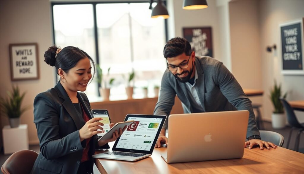 A sleek, modern workspace featuring a diverse group of three individuals engaged in a collaborative discussion about managing their Chipotle orders and rewards accounts. In the foreground, a professional woman in business attire points to a digital tablet displaying the Chipotle rewards app. In the middle, a casually dressed man leans over the table, studying a laptop with an open order management interface. The background features a well-lit, contemporary office with potted plants and motivational art. The atmosphere is warm and inviting, with soft natural light streaming through large windows. The scene should convey a sense of efficiency and teamwork, emphasizing a customer-centric approach to restaurant service. A sleek, modern workspace featuring a diverse group of three individuals engaged in a collaborative discussion about managing their Chipotle orders and rewards accounts. In the foreground, a professional woman in business attire points to a digital tablet displaying the Chipotle rewards app. In the middle, a casually dressed man leans over the table, studying a laptop with an open order management interface. The background features a well-lit, contemporary office with potted plants and motivational art. The atmosphere is warm and inviting, with soft natural light streaming through large windows. The scene should convey a sense of efficiency and teamwork, emphasizing a customer-centric approach to restaurant service.