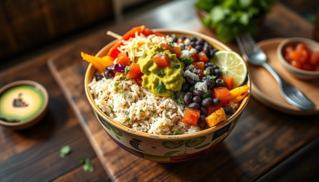 A vibrant and appetizing Chipotle bowl filled with fresh ingredients, prominently featuring cilantro-lime rice, seasoned black beans, and colorful grilled vegetables. The bowl should be garnished with a dollop of creamy guacamole, a sprinkle of shredded cheese, and a spoonful of fresh salsa, all artistically arranged to showcase the variety of textures and colors. The foreground should emphasize the bowl, with a slight overhead angle to capture the vivid details of each ingredient. In the background, a rustic wooden table setting enhances the home-cooked atmosphere, with soft, natural lighting filtering in from a nearby window, creating a warm and inviting mood. The image should be clear and focused, without any text or distractions.