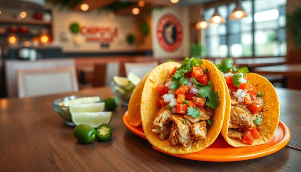 A vibrant and appetizing display of popular chicken pastor tacos, beautifully arranged on a rustic wooden table. In the foreground, three tacos filled with marinated chicken, topped with fresh cilantro, diced onions, and vibrant salsa, positioned on cheerful, colorful plates. The middle ground features a small bowl of tangy lime wedges and an array of jalapeños for garnish. In the background, softly blurred, a welcoming Chipotle restaurant ambiance with warm lighting and decorative elements, evoking a lively but cozy atmosphere. The image should be captured with a warm color palette, highlighting the delicious textures of the tacos, and provide a sense of inviting flavor and enjoyable dining. The angle should be slightly overhead to showcase the layers and colors of the meal, aiming for a mouth-watering presentation.