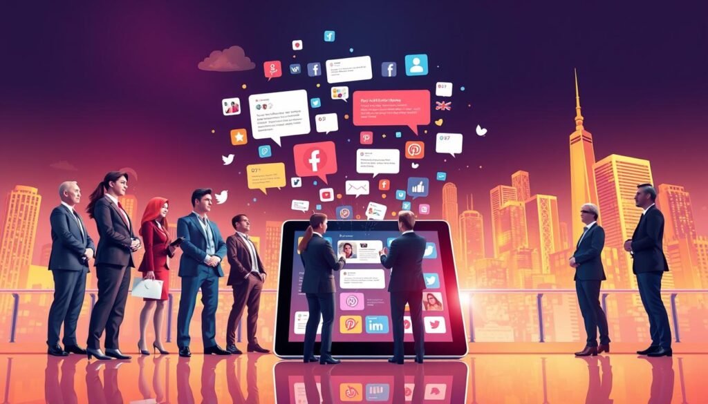 A vibrant and engaging digital illustration representing "social media" in a modern context. In the foreground, a diverse group of professionals in smart business attire are gathered around a large tablet displaying various social media icons and trending hashtags related to current events. In the middle ground, an abstract representation of social media feeds and notifications floats around them, interacting with colorful notifications and images. The background features a stylized cityscape, symbolizing connectivity and digital communication. The lighting is bright and dynamic, suggesting an atmosphere of urgency and relevance, with warm tones to evoke a positive mood. Use a wide-angle lens effect to create depth and emphasize the interconnectedness of digital conversations. A vibrant and engaging digital illustration representing "social media" in a modern context. In the foreground, a diverse group of professionals in smart business attire are gathered around a large tablet displaying various social media icons and trending hashtags related to current events. In the middle ground, an abstract representation of social media feeds and notifications floats around them, interacting with colorful notifications and images. The background features a stylized cityscape, symbolizing connectivity and digital communication. The lighting is bright and dynamic, suggesting an atmosphere of urgency and relevance, with warm tones to evoke a positive mood. Use a wide-angle lens effect to create depth and emphasize the interconnectedness of digital conversations.
