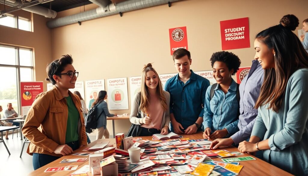 A vibrant and engaging scene depicting a "Student Rewards Program" setting. In the foreground, a diverse group of three students, dressed in casual yet professional attire, discuss excitedly around a large table filled with colorful reward cards and Chipotle coupons. The middle section shows a bustling student activity center with posters promoting the Chipotle Student Discount program on the walls, showcasing rewards and benefits. In the background, large windows let in warm, natural light, creating an inviting atmosphere. The focus is slightly angled to give depth, with soft shadows enhancing the warm colors of the room. The mood is enthusiastic and optimistic, capturing the excitement of students benefiting from the rewards.