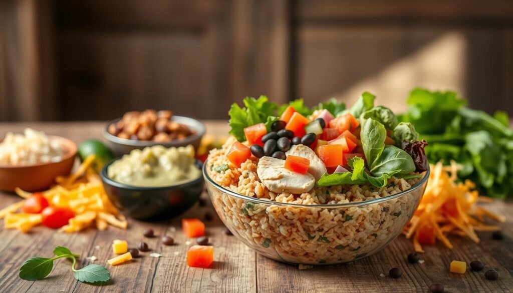 A vibrant and enticing arrangement of a gluten-free Chipotle bowl, showcasing a variety of colorful ingredients. In the foreground, prominently features a bowl filled with brown rice, grilled chicken, black beans, fresh pico de gallo, and mixed greens, all artfully arranged. In the middle ground, various gluten-free toppings like guacamole, corn salsa, and shredded cheese are artistically scattered around, emphasizing their freshness and appeal. The background fades softly into a rustic wooden table with natural light streaming in from the right, creating a warm and inviting atmosphere. The scene captures a sense of health and vitality, highlighting the benefits of choosing gluten-free options in a delicious and visually appealing manner. Employ a slightly overhead angle to enhance the bowl's textures and colors while maintaining clarity and focus.