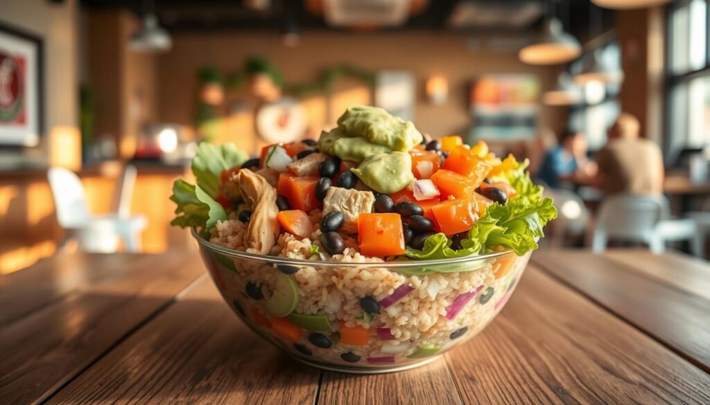 A vibrant and fresh Chipotle bowl filled with a colorful assortment of healthy ingredients. In the foreground, showcase a close-up of a bowl, overflowing with brown rice, black beans, grilled chicken, fresh pico de gallo, romaine lettuce, and a dollop of guacamole, highlighting customization options with a variety of vibrant vegetables. In the middle, include a wooden tabletop with a rustic texture, evoking a casual dining vibe. In the background, softly blurred, feature a lively Chipotle restaurant setting with warm lighting, showcasing patrons enjoying their meals. The overall mood is inviting and wholesome, accented by natural light streaming through the restaurant windows, creating a fresh and health-conscious atmosphere. Use a slight top-down angle to emphasize the colorful ingredients and customization potential.