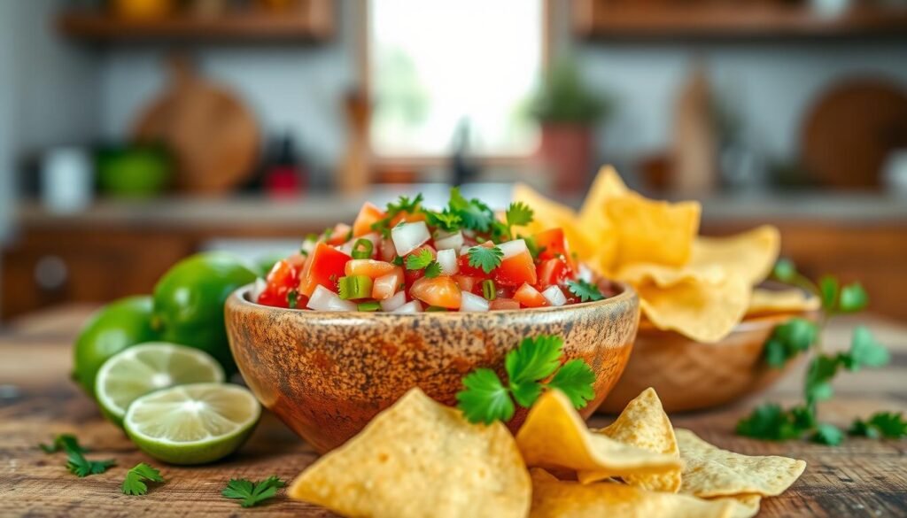 A vibrant and fresh tomato salsa is displayed in a rustic, ceramic bowl, overflowing with chopped tomatoes, onions, cilantro, and lime juice, showcasing a burst of colors in red, green, and white. In the foreground, the bowl of salsa sits on a textured wooden surface, hinting at a homemade feel. Surrounding the bowl are slices of bright green lime and a scattering of cilantro leaves, adding a pop of freshness. In the middle ground, soft-focus tortilla chips are arranged invitingly, ready for dipping. The background features a blurred kitchen setting with warm, natural lighting streaming in from the side, creating a cozy and inviting atmosphere. The overall mood is lively and fresh, emphasizing the quality and taste of the ingredients.