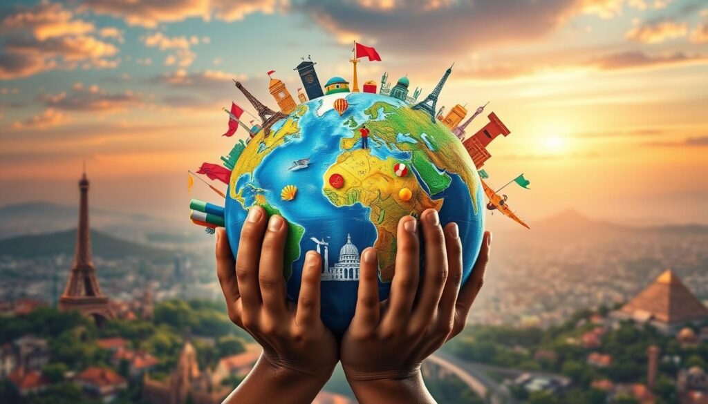 A vibrant and intricate depiction of the world, showcasing a diverse global landscape filled with interconnected symbols of culture, unity, and complexity. In the foreground, a globe cradled by hands representing different ethnicities, symbolizing collaboration and diplomacy. The middle ground features various iconic landmarks from around the globe, like the Eiffel Tower, the Great Wall of China, and the pyramids of Egypt, representing different cultures and histories. The background is a sky transitioning from dawn to dusk, indicating the passage of time and the evolving nature of global political issues. The lighting is warm and inviting, with soft shadows and highlights that create a sense of depth. The atmosphere conveys a sense of contemplation, urging viewers to reflect on the interconnectedness of these issues. Ensure the composition remains clean and focused, free from text or any distractions. A vibrant and intricate depiction of the world, showcasing a diverse global landscape filled with interconnected symbols of culture, unity, and complexity. In the foreground, a globe cradled by hands representing different ethnicities, symbolizing collaboration and diplomacy. The middle ground features various iconic landmarks from around the globe, like the Eiffel Tower, the Great Wall of China, and the pyramids of Egypt, representing different cultures and histories. The background is a sky transitioning from dawn to dusk, indicating the passage of time and the evolving nature of global political issues. The lighting is warm and inviting, with soft shadows and highlights that create a sense of depth. The atmosphere conveys a sense of contemplation, urging viewers to reflect on the interconnectedness of these issues. Ensure the composition remains clean and focused, free from text or any distractions.