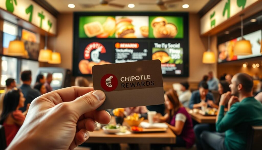 A vibrant and inviting scene depicting the Chipotle Rewards program, centered around a sleek, modern digital rewards card featuring the Chipotle logo prominently. In the foreground, create a close-up of a hand holding the card, with a background showing a busy Chipotle restaurant filled with happy customers enjoying their meals. The lighting should be warm and welcoming, highlighting the freshness of the restaurant’s interior design, with colorful ingredients on display. In the middle ground, include a digital screen displaying enticing rewards options and menu items. Showcase a mood of excitement and community, suggesting the benefits of being part of Chipotle Rewards. Capture the moment with a slight angle, focusing on the card while framing customers casually dining, enhancing the atmosphere of satisfaction and enjoyment.