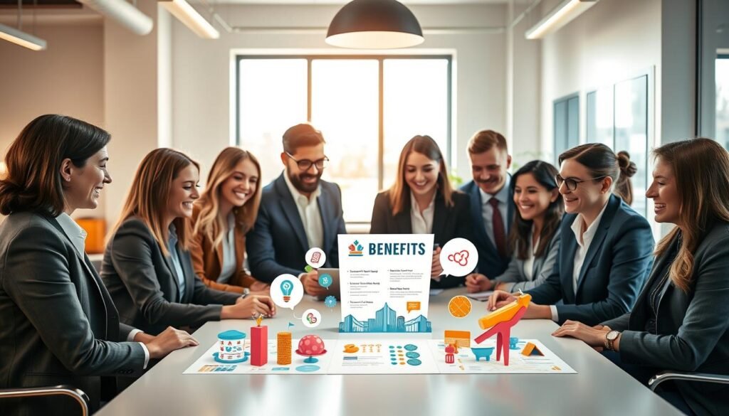 A vibrant and inviting workspace showcasing various benefits in an engaging atmosphere. In the foreground, a diverse group of professionals in business attire are gathered around a modern table, looking at a benefits brochure, smiling and discussing. In the middle, visual elements representing financial perks, such as health insurance icons, retirement plans, and employee discounts, pop from the table and surrounding displays, illustrated in a creative and colorful infographic style. The background features a bright window with natural light streaming in, casting a warm glow over the scene. The overall mood is optimistic and collaborative, reflecting growth and security in a contemporary work environment. A vibrant and inviting workspace showcasing various benefits in an engaging atmosphere. In the foreground, a diverse group of professionals in business attire are gathered around a modern table, looking at a benefits brochure, smiling and discussing. In the middle, visual elements representing financial perks, such as health insurance icons, retirement plans, and employee discounts, pop from the table and surrounding displays, illustrated in a creative and colorful infographic style. The background features a bright window with natural light streaming in, casting a warm glow over the scene. The overall mood is optimistic and collaborative, reflecting growth and security in a contemporary work environment.