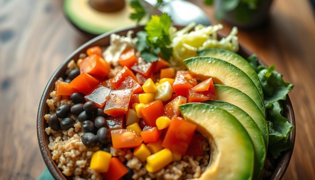 A vibrant and visually appealing overhead view of a healthy Chipotle meal, showcasing an array of colorful toppings. In the foreground, a close-up of a bowl filled with brown rice, black beans, and fresh, bright toppings like diced tomatoes, corn salsa, shredded lettuce, and avocado, each slice glistening. In the middle ground, soft, natural light illuminates the ingredients, enhancing their freshness and vibrancy, with an emphasis on textures and colors. The background features a wooden table for a warm, inviting atmosphere, possibly with blurred out utensils or a small plant to imply a healthy lifestyle. The composition should evoke a sense of balance and nourishment, suitable for depicting the impact of food choices on health.