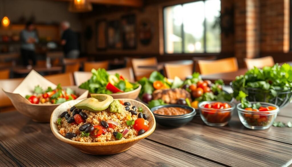 A vibrant, appealing Chipotle meal spread across a rustic wooden table, emphasizing a range of healthy options. In the foreground, a colorful burrito bowl filled with quinoa, black beans, fresh vegetables, and guacamole. Beside it, a salad with mixed greens and a lime vinaigrette. In the middle ground, a fresh salsa bar with various salsas, peppers, and cilantro, arranged in small bowls. The background features softly blurred imagery of Chipotle’s inviting restaurant atmosphere, including warm lighting and natural décor. Use natural sunlight streaming through large windows to create a warm, welcoming mood. The image should evoke healthiness and inclusivity, appealing to diverse dietary preferences and restrictions.
