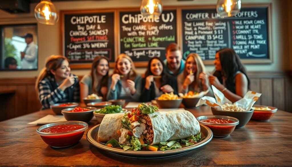 A vibrant, appetizing spread of Chipotle menu items laid out on a rustic wooden table in a warm, inviting cafe. In the foreground, a beautifully plated burrito with grilled chicken, fresh guacamole, and colorful veggies is centerpiece, surrounded by bowls of salsa and cilantro-lime rice. In the middle, a group of diverse college students in casual, trendy clothing are eagerly enjoying their meals, smiling and sharing stories. The background features a dynamic chalkboard displaying promotional Chipotle U offers, softly illuminated by warm overhead pendant lights that create a cozy atmosphere. The scene conveys a sense of camaraderie and excitement over enjoying delicious food while maximizing student benefits. Soft focus on the background enhances the main subjects, captured with a slightly elevated angle for a comprehensive view.
