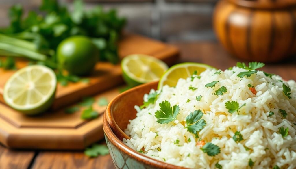 A vibrant, close-up image of a bowl of cilantro lime rice, meticulously garnished with fresh cilantro leaves and slices of lime. The rice is fluffy and bright, with visible flecks of green cilantro mixed throughout. In the foreground, showcase a wooden spoon resting on the side of the bowl, suggesting a freshly prepared dish. In the middle ground, softly blurred ingredients like a lime, fresh cilantro sprigs, and a cutting board provide context. The background features a rustic kitchen setting, with warm, inviting lighting that creates a cozy atmosphere, enhancing the freshness of the rice. Capture the essence of homemade comfort food, evoking a sense of warmth and satisfaction. A vibrant, close-up image of a bowl of cilantro lime rice, meticulously garnished with fresh cilantro leaves and slices of lime. The rice is fluffy and bright, with visible flecks of green cilantro mixed throughout. In the foreground, showcase a wooden spoon resting on the side of the bowl, suggesting a freshly prepared dish. In the middle ground, softly blurred ingredients like a lime, fresh cilantro sprigs, and a cutting board provide context. The background features a rustic kitchen setting, with warm, inviting lighting that creates a cozy atmosphere, enhancing the freshness of the rice. Capture the essence of homemade comfort food, evoking a sense of warmth and satisfaction.