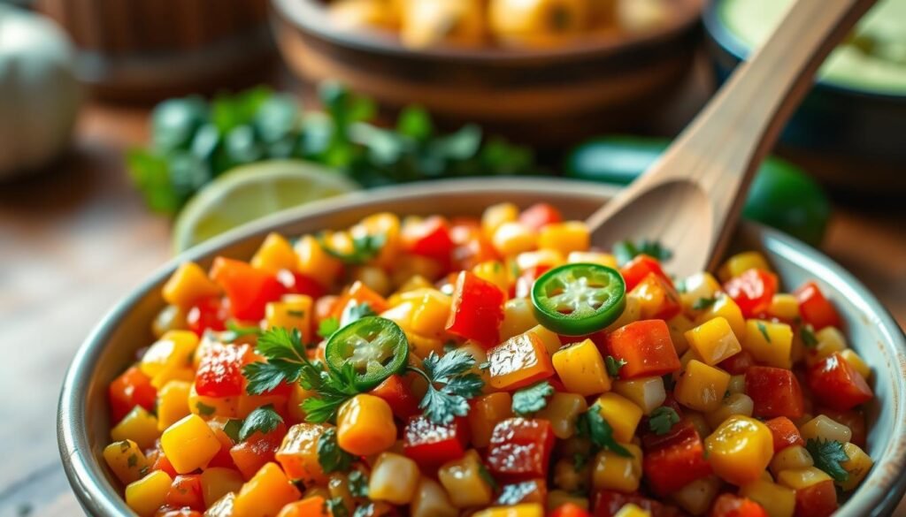 A vibrant, close-up image of a bowl of roasted chili-corn salsa, showcasing its rich textures and colors. In the foreground, the salsa features plump, roasted corn kernels, finely chopped red and green bell peppers, with a sprinkle of fresh cilantro and slices of jalapeño for garnish, glistening with a light drizzle of lime juice. The middle layer includes an elegant wooden spoon resting beside the bowl, emphasizing a homemade feel. In the background, soft-focus kitchen elements like fresh vegetables and a hint of a rustic wooden table provide warmth. The lighting is warm and inviting, highlighting the freshness of the ingredients, creating a cozy atmosphere perfect for enjoying flavorful, customizable dishes.