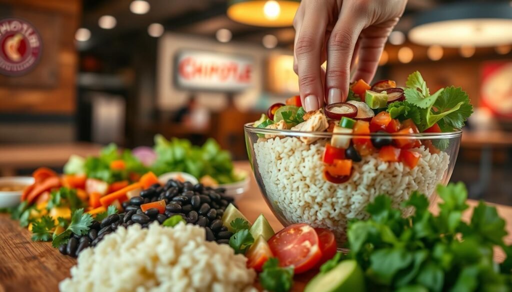 A vibrant, close-up scene depicting the assembly of a Chipotle burrito bowl. The foreground features a wooden prep table where a colorful array of fresh ingredients is laid out: fluffy cilantro-lime rice, tender black beans, grilled chicken, fresh pico de gallo, creamy guacamole, and crisp lettuce. The middle ground showcases a hand (in modest casual attire) skillfully layering these ingredients into a clear bowl, with a focus on the textures and colors. In the background, a softly blurred Chipotle restaurant setting can be seen, with warm ambient lighting that creates an inviting atmosphere. The scene captures the excitement of customizing a chipotle burrito bowl, with a sense of delicious anticipation and freshness. The composition is well-lit, and the angle highlights both the hand and the vibrant ingredients in their natural colors.