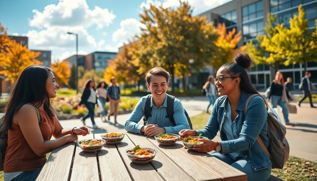 A vibrant college campus scene showcasing students enjoying life and engaging with each other. In the foreground, a diverse group of four students, dressed in casual yet professional attire, are sitting at a picnic table, smiling and discussing over burrito bowls from Chipotle. In the middle ground, colorful foliage and modern academic buildings can be seen, while a few students walk by, some holding backpacks and some carrying takeout bags. The background features a bright blue sky with fluffy white clouds, evoking a cheerful and inviting atmosphere. The lighting is warm and natural, with sunlight filtering through the trees, casting playful shadows. This composition conveys a sense of community and excitement, reflecting the benefits and camaraderie shared by college students. A vibrant college campus scene showcasing students enjoying life and engaging with each other. In the foreground, a diverse group of four students, dressed in casual yet professional attire, are sitting at a picnic table, smiling and discussing over burrito bowls from Chipotle. In the middle ground, colorful foliage and modern academic buildings can be seen, while a few students walk by, some holding backpacks and some carrying takeout bags. The background features a bright blue sky with fluffy white clouds, evoking a cheerful and inviting atmosphere. The lighting is warm and natural, with sunlight filtering through the trees, casting playful shadows. This composition conveys a sense of community and excitement, reflecting the benefits and camaraderie shared by college students.