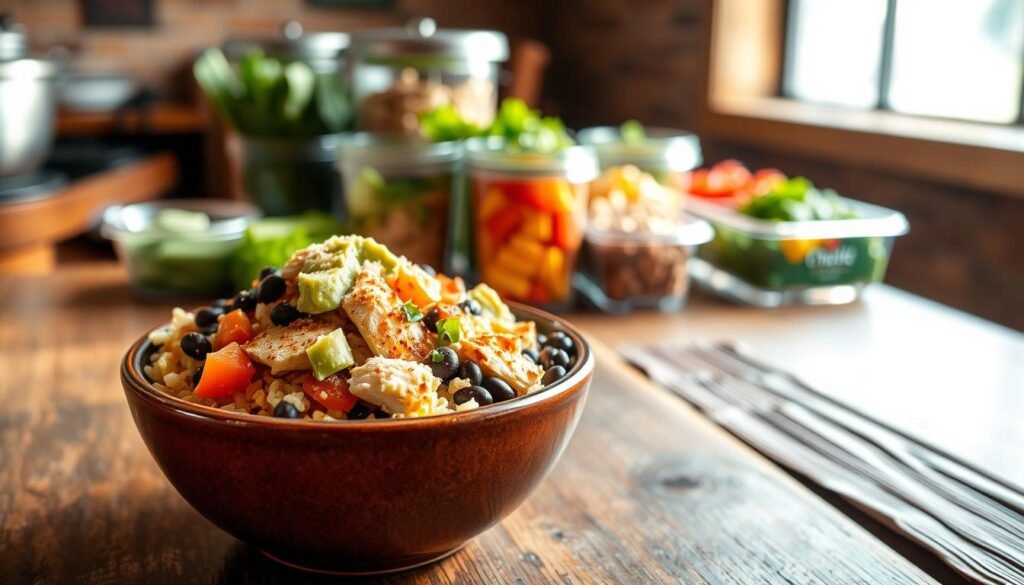 A vibrant, enticing Chipotle bowl filled with fresh, colorful ingredients in the foreground, including chipotle-flavored rice, black beans, grilled chicken, fresh guacamole, diced tomatoes, and a sprinkle of cheese. The bowl is situated on a rustic wooden table, with slight reflections glistening under natural sunlight streaming from a nearby window, creating a warm and inviting atmosphere. In the middle background, neatly organized Chipotle ingredients in clear containers showcase the variety available for customization, highlighting the freshness and vibrancy of each element. The scene captures the essence of a personalized meal with thoughtful care and attention. The lighting is soft and natural, emphasizing freshness and appetizing colors, offering a mouth-watering appeal to viewers.