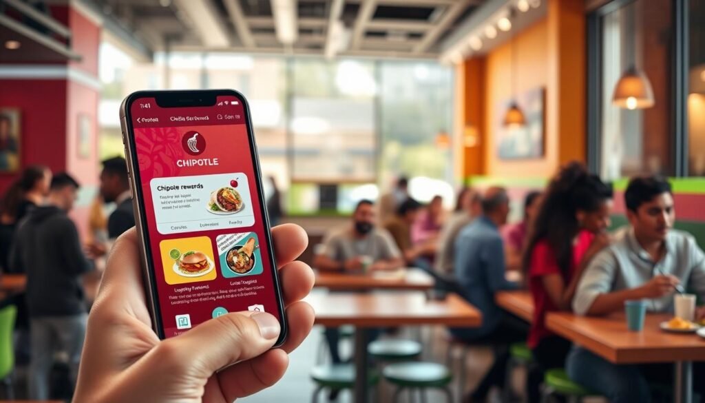 A vibrant, eye-catching image illustrating the concept of "Chipotle Rewards." In the foreground, a smartphone displaying a colorful Chipotle rewards app interface, featuring enticing images of burritos and bowls, along with a loyalty points tracker. In the middle, a trendy Chipotle restaurant with customers enjoying their meals, showcasing diverse, casually dressed patrons in a welcoming atmosphere. The background features the signature Chipotle branding and colorful decor, such as green and red accents. Soft, natural lighting filters through large windows, creating a warm, inviting mood. The overall composition encapsulates the excitement of engaging with Chipotle’s loyalty program, making it visually appealing for readers. A vibrant, eye-catching image illustrating the concept of "Chipotle Rewards." In the foreground, a smartphone displaying a colorful Chipotle rewards app interface, featuring enticing images of burritos and bowls, along with a loyalty points tracker. In the middle, a trendy Chipotle restaurant with customers enjoying their meals, showcasing diverse, casually dressed patrons in a welcoming atmosphere. The background features the signature Chipotle branding and colorful decor, such as green and red accents. Soft, natural lighting filters through large windows, creating a warm, inviting mood. The overall composition encapsulates the excitement of engaging with Chipotle’s loyalty program, making it visually appealing for readers.
