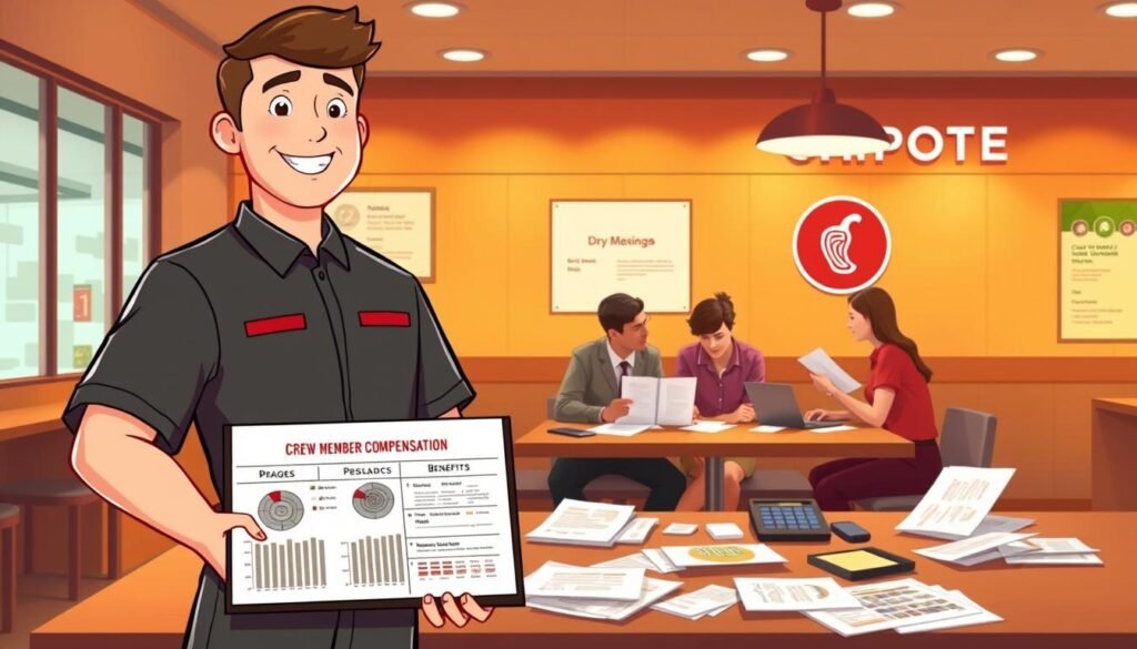 A vibrant illustration depicting "crew member compensation" at Chipotle. In the foreground, a friendly crew member in a professional Chipotle uniform stands confidently, holding a clipboard with charts showcasing employee wages and benefits. In the middle ground, a diverse team collaborates around a table littered with papers and calculators, all engaged in a discussion about fair pay and job satisfaction. In the background, a Chipotle restaurant is visible, with the logo subtly displayed on the wall. Warm, inviting lighting casts a soft glow over the scene, enhancing the positive and professional atmosphere. The composition captures a sense of teamwork and transparency in employee compensation, embodying a supportive workplace environment. A vibrant illustration depicting "crew member compensation" at Chipotle. In the foreground, a friendly crew member in a professional Chipotle uniform stands confidently, holding a clipboard with charts showcasing employee wages and benefits. In the middle ground, a diverse team collaborates around a table littered with papers and calculators, all engaged in a discussion about fair pay and job satisfaction. In the background, a Chipotle restaurant is visible, with the logo subtly displayed on the wall. Warm, inviting lighting casts a soft glow over the scene, enhancing the positive and professional atmosphere. The composition captures a sense of teamwork and transparency in employee compensation, embodying a supportive workplace environment.