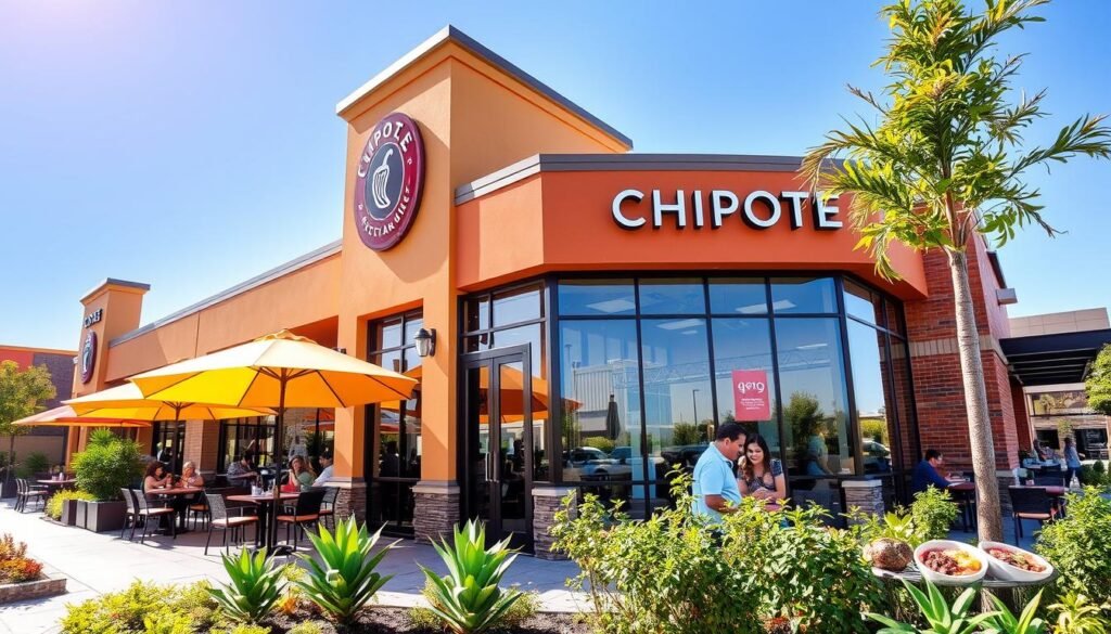 A vibrant, inviting Chipotle Mexican Grill restaurant exterior, showcasing its signature modern architecture with a warm, welcoming color palette. In the foreground, a well-manicured patio featuring outdoor seating with green plants and colorful umbrellas. In the middle ground, glass doors and large windows reveal a bustling interior filled with customers enjoying their meals. Barbacoa and burrito bowls are visible on tables, emphasizing the restaurant's popular offerings. The background features a clear blue sky, casting soft natural light on the scene. The atmosphere feels lively and friendly, exuding a sense of community and flavor. Captured from a slightly elevated angle, the image highlights the inviting nature of Chipotle.