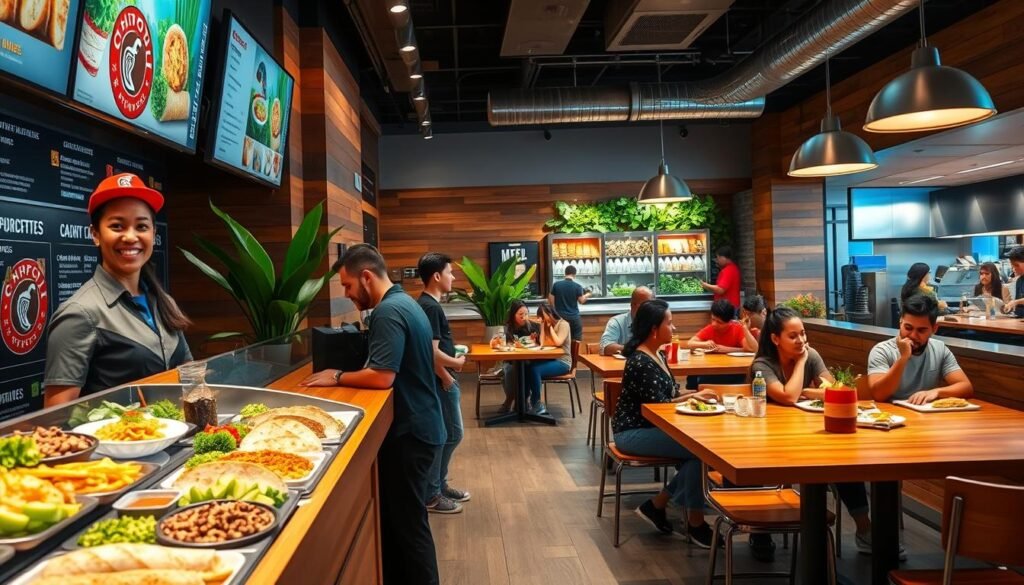 A vibrant, inviting interior of a Chipotle Mexican Grill restaurant, showcasing a beautifully arranged menu display featuring colorful burritos, tacos, and bowls with fresh ingredients like grilled chicken, beans, and guacamole. The foreground includes a wooden counter with a friendly staff member in a Chipotle uniform, smiling as they prepare food. In the middle ground, patrons of diverse backgrounds enjoy their meals at sleek wooden tables, creating a lively yet cozy atmosphere. The background features the iconic Chipotle decor with earthy colors, bright green plants, and an open kitchen view, illuminated by warm, soft lighting that enhances the welcoming environment. The angle is slightly elevated, capturing both the menu details and the bustling restaurant ambience.