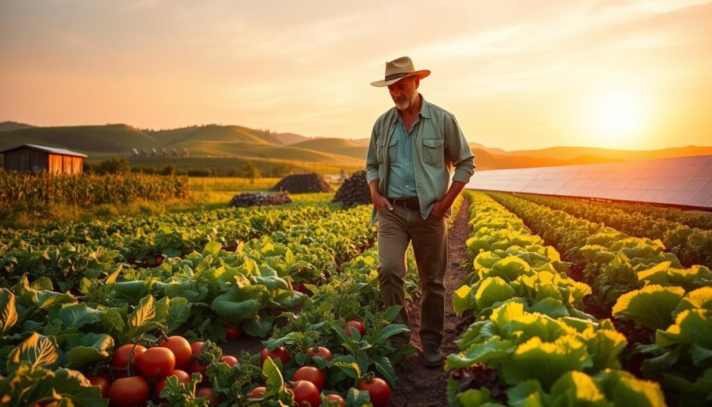 A vibrant, lush farm landscape showcasing sustainable sourcing practices. In the foreground, diverse crops such as organic corn, tomatoes, and vibrant green lettuce, neatly arranged in rows under the warm glow of the setting sun. A farmer in modest casual attire examines the crops, embodying care and dedication to sustainable agriculture. In the middle ground, a compost area brimming with organic materials, demonstrating waste reduction efforts. Behind, rolling hills dotted with solar panels, symbolizing renewable energy use. The sky is painted in soft orange and pink hues, creating a hopeful and warm atmosphere, while gentle sunlight casts long shadows, enhancing the rich colors of the landscape. The overall mood conveys a commitment to environmental stewardship and responsible sourcing.