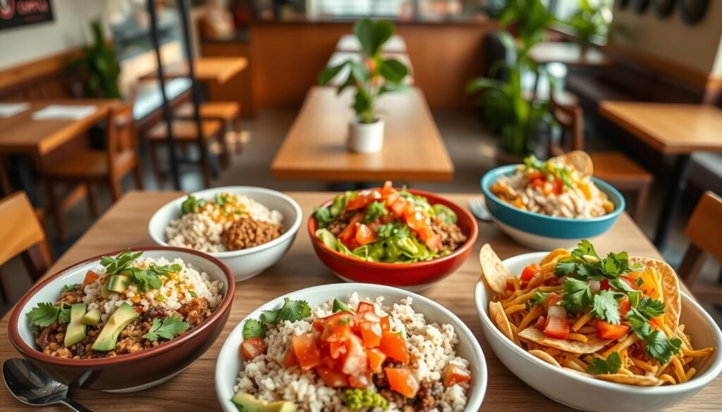 A vibrant overhead view of a Chipotle restaurant table, neatly arranged with a variety of colorful bowls showcasing popular menu items like burrito bowls and tacos filled with fresh ingredients. Include distinct layers of toppings such as guacamole, salsas, and cilantro-lime rice, highlighting their nutritional aspects with visible ingredients. Capture the scene in soft natural lighting to create an inviting atmosphere, using a shallow depth of field to focus on the dishes while softly blurring the restaurant's interior in the background. The background features elements like wooden tables and potted plants, enhancing the warm, casual dining mood. Aim for an appetizing and informative composition that evokes a sense of health-conscious dining while reflecting Chipotle's commitment to fresh ingredients.