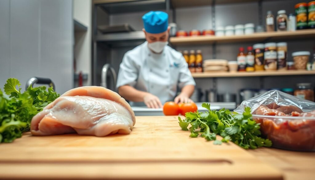 A visual representation of cross-contamination risks in a professional kitchen environment. Foreground features a close-up of a wooden cutting board with raw chicken and fresh vegetables, emphasizing separation with distinct boundaries. In the middle, a chef in a white uniform and a blue hat meticulously cleans surfaces, embodying the importance of hygiene. The background includes shelves with various labeled containers, hinting at ingredients like gluten-free chips and sauces. Soft, diffused lighting creates a warm atmosphere, capturing the meticulousness of food safety. The scene should be shot from a slightly elevated angle, focusing on both the chef’s actions and the organized workspace, illustrating the contrast between raw and prepared foods, enhancing the message of managing cross-contamination risks effectively. A visual representation of cross-contamination risks in a professional kitchen environment. Foreground features a close-up of a wooden cutting board with raw chicken and fresh vegetables, emphasizing separation with distinct boundaries. In the middle, a chef in a white uniform and a blue hat meticulously cleans surfaces, embodying the importance of hygiene. The background includes shelves with various labeled containers, hinting at ingredients like gluten-free chips and sauces. Soft, diffused lighting creates a warm atmosphere, capturing the meticulousness of food safety. The scene should be shot from a slightly elevated angle, focusing on both the chef’s actions and the organized workspace, illustrating the contrast between raw and prepared foods, enhancing the message of managing cross-contamination risks effectively.