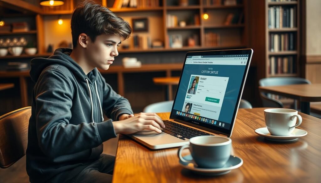 A young student sitting at a modern coffee shop table, focused on verifying their student status on a laptop. The foreground features the student, wearing casual yet stylish attire—perhaps a hoodie and jeans—intently typing. In the middle, an open laptop displays an official school website with a clear focus on a student ID upload section. The background includes cozy coffee shop elements such as warm lighting, wooden shelves lined with books, and coffee cups on the table, creating a welcoming atmosphere. The lighting is soft and natural, simulating a late afternoon glow, enhancing the mood of productivity and purpose. This scene captures the essence of modern student life while emphasizing the process of verification for rewards.