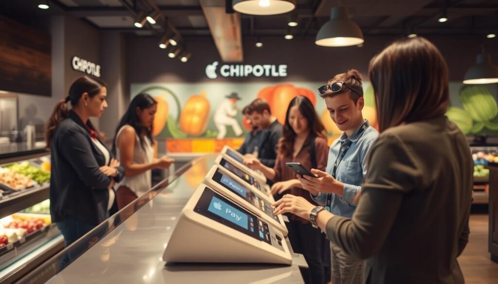 An inviting and modern Chipotle restaurant interior featuring a sleek counter area with fresh ingredients displayed. In the foreground, a diverse group of customers, dressed in casual, professional attire, are interacting with a digital checkout terminal showcasing the Apple Pay logo. The scene conveys a sense of convenience and tech-savviness. Soft, warm lighting enhances the atmosphere, with reflections from the glass and metal surfaces adding a contemporary feel. In the background, colorful murals and fresh produce can be seen, creating a lively and welcoming environment. Capture the moment at a slightly elevated angle to highlight both the Apple Pay interaction and the vibrant restaurant ambiance, emphasizing the ease of payment. An inviting and modern Chipotle restaurant interior featuring a sleek counter area with fresh ingredients displayed. In the foreground, a diverse group of customers, dressed in casual, professional attire, are interacting with a digital checkout terminal showcasing the Apple Pay logo. The scene conveys a sense of convenience and tech-savviness. Soft, warm lighting enhances the atmosphere, with reflections from the glass and metal surfaces adding a contemporary feel. In the background, colorful murals and fresh produce can be seen, creating a lively and welcoming environment. Capture the moment at a slightly elevated angle to highlight both the Apple Pay interaction and the vibrant restaurant ambiance, emphasizing the ease of payment.